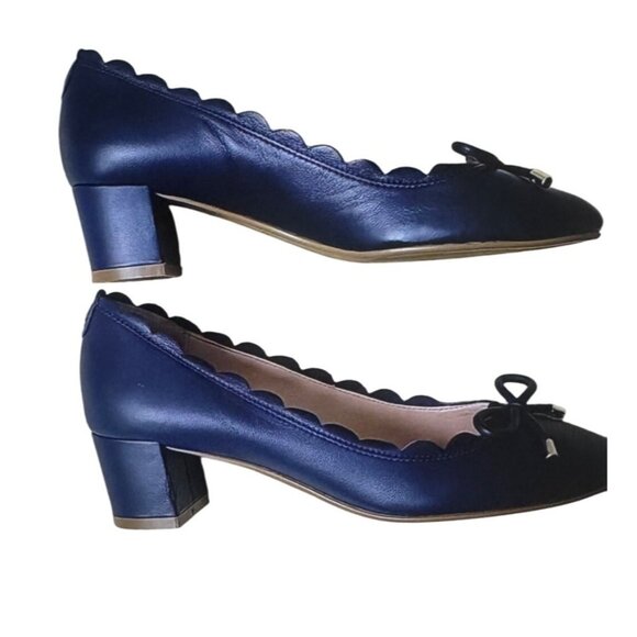 Kate Spade Scalloped Navy Blue Leather Block Heels With Bow Detail For Women Siz - Picture 8 of 10